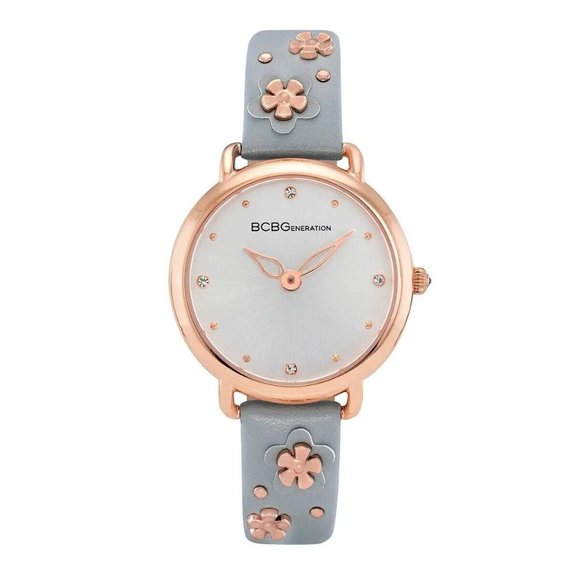 BCBGeneration Austrian Crystal Japanese Movement Gray Floral Vegan Leather Strap